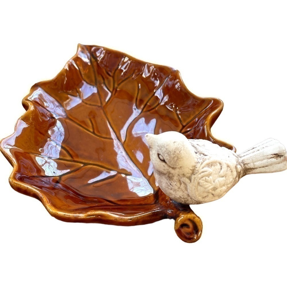 LEAF dish with little bird, no chips or cracks but there is crazing of the glaze